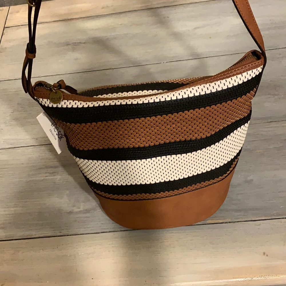 The Sak Brown Black White Striped Woven Hobo Bag